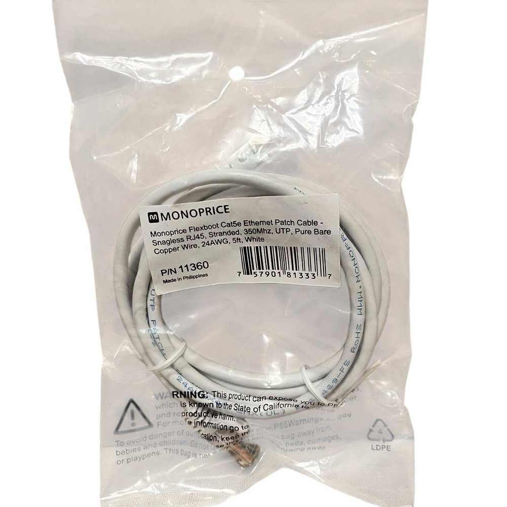 Monoprice Flexboot Cat5e Ethernet Patch Cable 11360 5ft White RJ45 UTP LAN Cord
